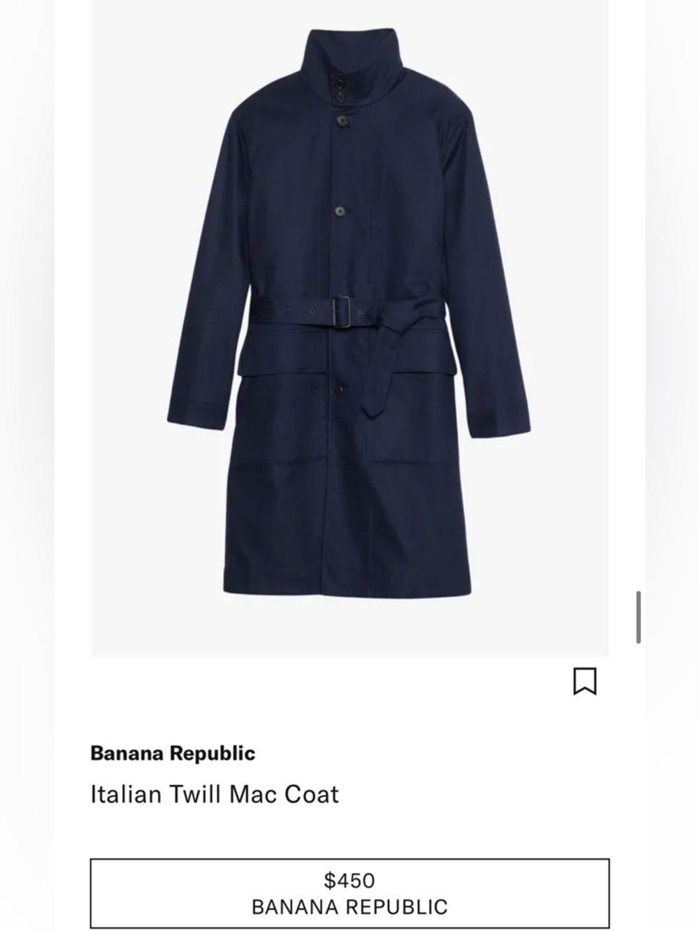 Banana Republic Navy Belted Mac Coat